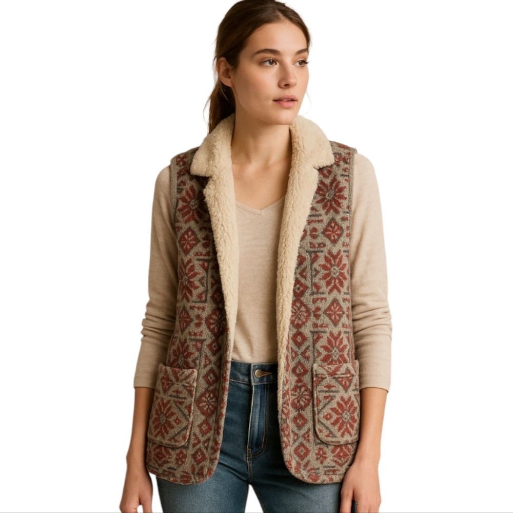 Anthropologie Hei Hei Jacquard Tapestry Faux Fur Lined Vest Small
